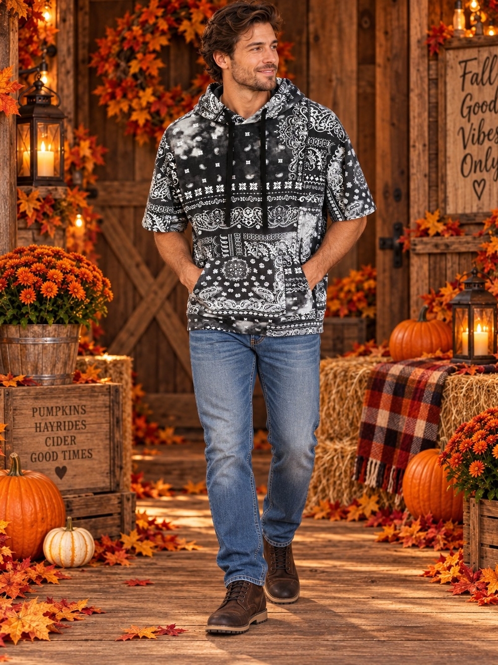 No Boundaries Men’s Short Sleeve Bandana Print Hoodie - Black/White Tie-Dye L